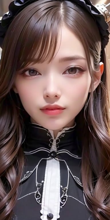 (((Masterpiece, top quality, ultra-detailed))), (((1 Infinity Mage Girl))), 14 years old, (((very detailed face))), small thin nose, small thin-lipped mouth, (((very sharp focused eyes))), very large slit precision pale grey eyes, sparkling like jewels. Very long eyelashes, long black hair in black vertical curls, with fringes, ((Steampunk fashion, Gothic Lolita fashion)),cky,lling ,konoha 