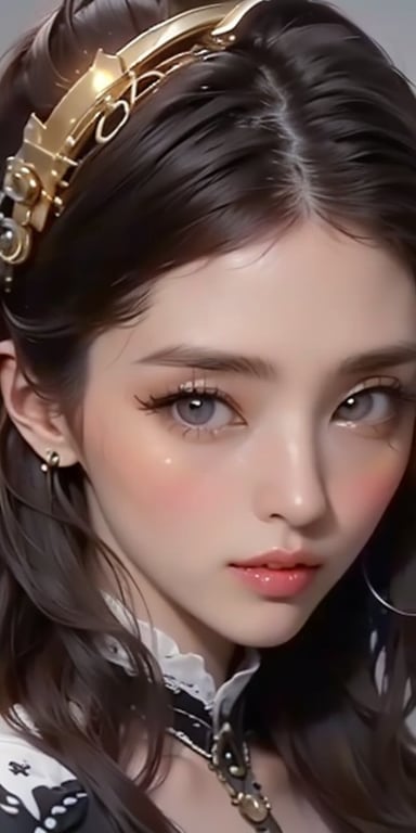 (((Masterpiece, top quality, ultra-detailed))), (((1 Infinity Mage Girl))), 14 years old, (((very detailed face))), small thin nose, small thin-lipped mouth, (((very sharp focused eyes))), very large slit precision pale grey eyes, sparkling like jewels. Very long eyelashes, long black hair in black vertical curls, with fringes, ((Steampunk fashion, Gothic Lolita fashion)),cky,lling ,lily,xee
