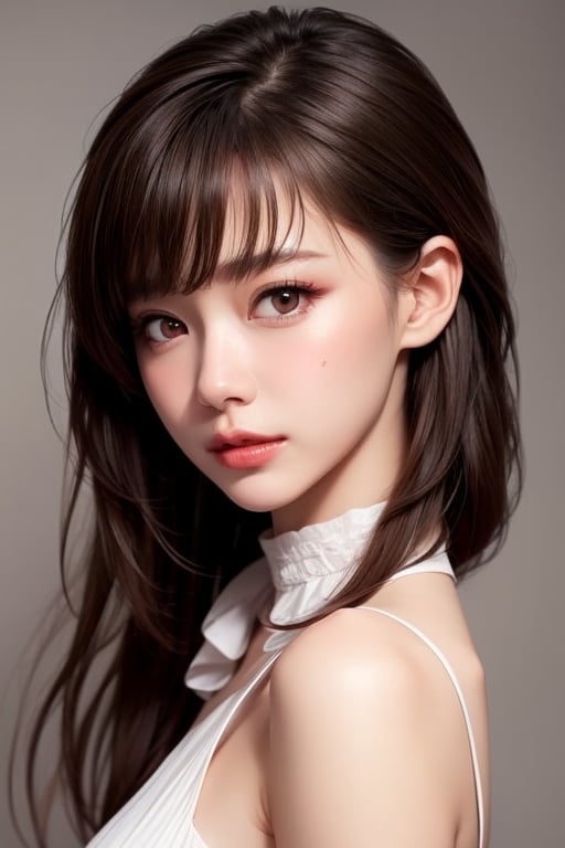 1girl
solo
brown hair
closed mouth
grey background
collar
lips
realistic ,beauty,yui,masterpiece,best quality,1 girl,yuna ,mc 
