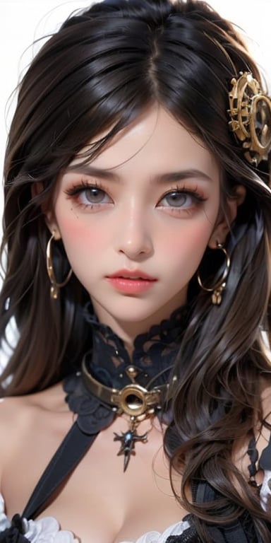 (((Masterpiece, top quality, ultra-detailed))), (((1 Infinity Mage Girl))), 14 years old, (((very detailed face))), small thin nose, small thin-lipped mouth, (((very sharp focused eyes))), very large slit precision pale grey eyes, sparkling like jewels. Very long eyelashes, long black hair in black vertical curls, with fringes, ((Steampunk fashion, Gothic Lolita fashion)),cky,lling ,lily