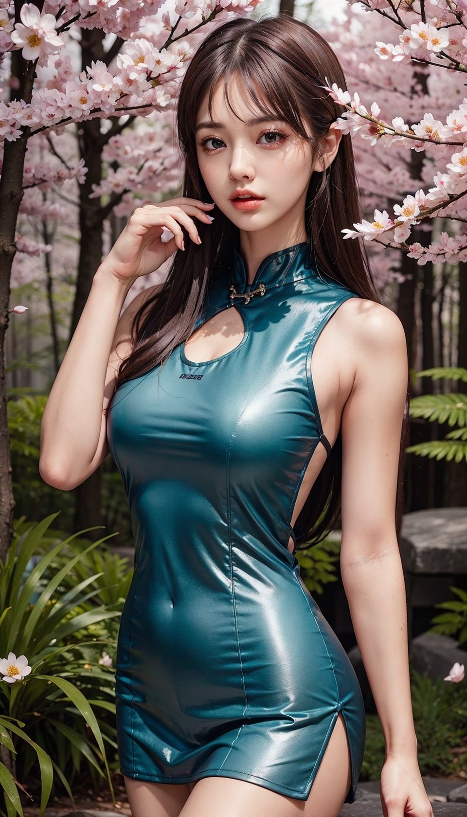 (masterpiece, top quality, best quality, official art, beautiful and aesthetic:1.2), hdr, high contrast, wideshot, 1girl, long black straight hair with bangs, looking at viewer, relaxing expression, clearly brown eyes, longfade eyebrow, soft make up, ombre lips, large breast, hourglass body, finger detailed, BREAK wearing half naked cheongsam, walking in the forest, (spring season theme:1.5), windy, spring forest background detailed, by KZY, BREAK frosty, ambient lighting, extreme detailed, cinematic shot, realistic ilustration, (soothing tones:1.3), (hyperdetailed:1.2),