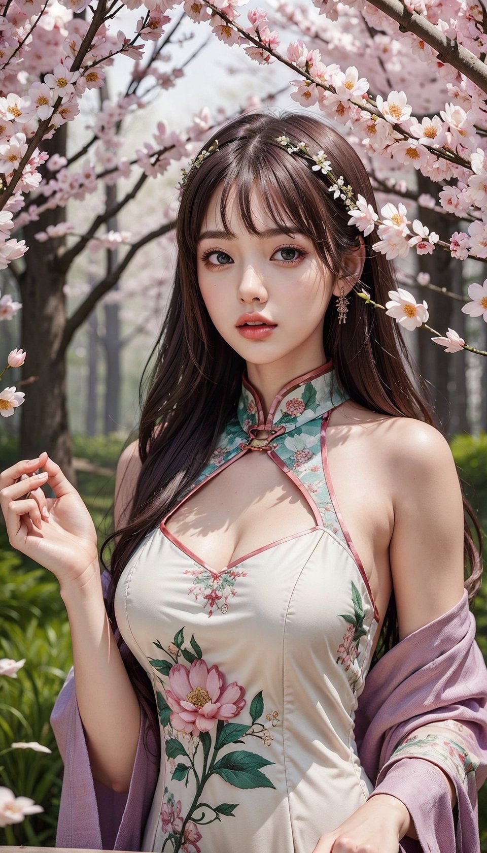 (masterpiece, top quality, best quality, official art, beautiful and aesthetic:1.2), hdr, high contrast, wideshot, 1girl, long black straight hair with bangs, looking at viewer, relaxing expression, clearly brown eyes, longfade eyebrow, soft make up, ombre lips, large breast, hourglass body, finger detailed, BREAK wearing half naked cheongsam, walking in the forest, (spring season theme:1.5), windy, spring forest background detailed, by KZY, BREAK frosty, ambient lighting, extreme detailed, cinematic shot, realistic ilustration, (soothing tones:1.3), (hyperdetailed:1.2),