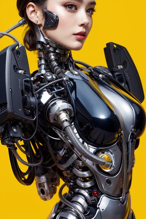 profile photo, in front of the yellow wall, Asian cyborg woman without body, connected by cable, Twisted cable and wire and LED, Charming eyes bodypunk PLC robot、silver motor head, with ray gun, 80 degree field of view, art by：sergio lopez, natalie shau, James Jean and Salvador Dali, (Yellow background:1.5),cyborg ,Cyborg,amber,xee