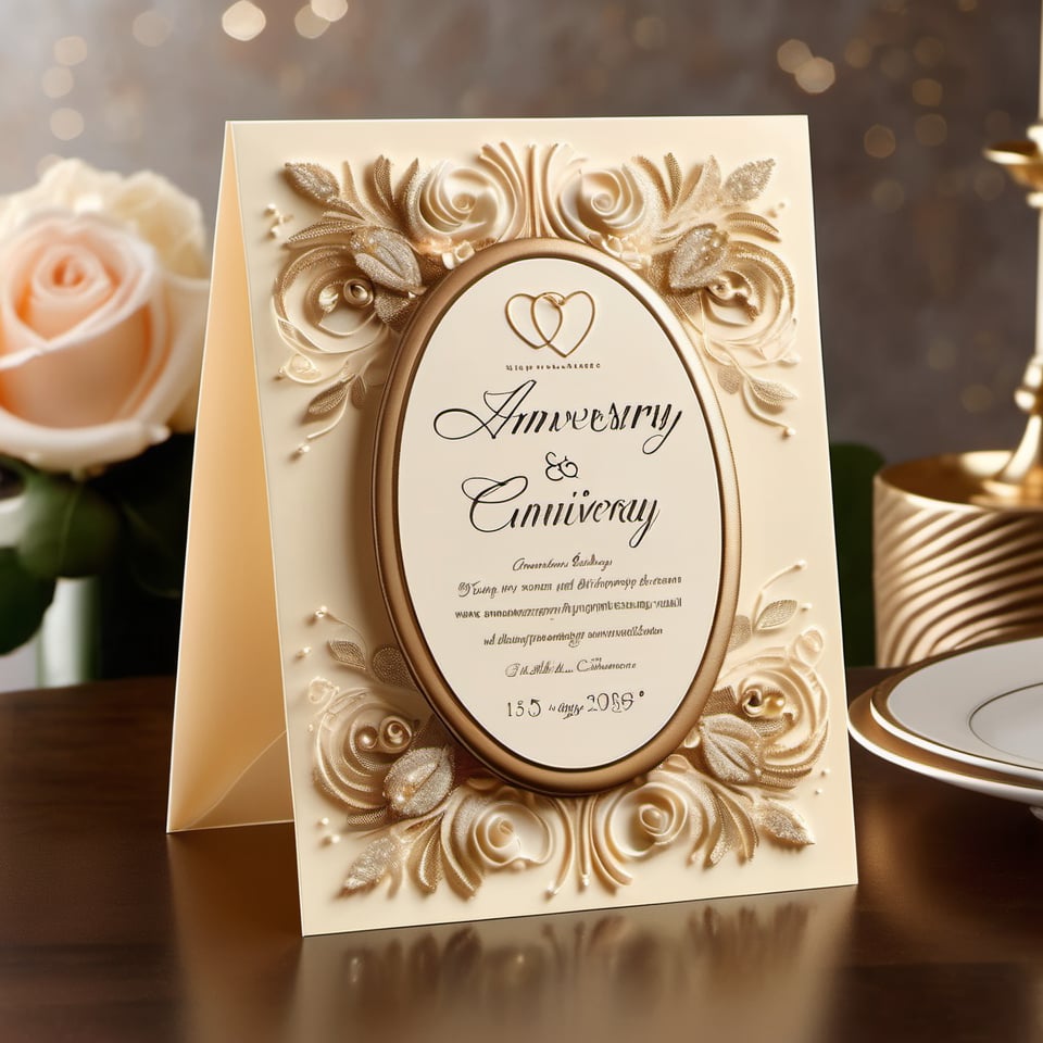 A vintage-inspired anniversary celebration unfurls against a warm, golden-lit background. The "Anniversary" text stands out in elegant, cursive script, adorned with delicate flourishes and subtle shading. softly scattered around the text, evoking romance and nostalgia.