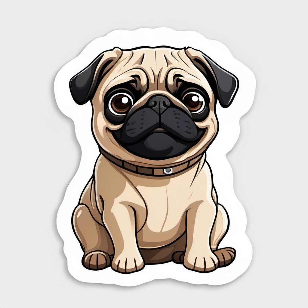 sticker, cartoon cute Pug, white background, Vermeer style, 12K, high quality, HD, octane render, cinematic lighting