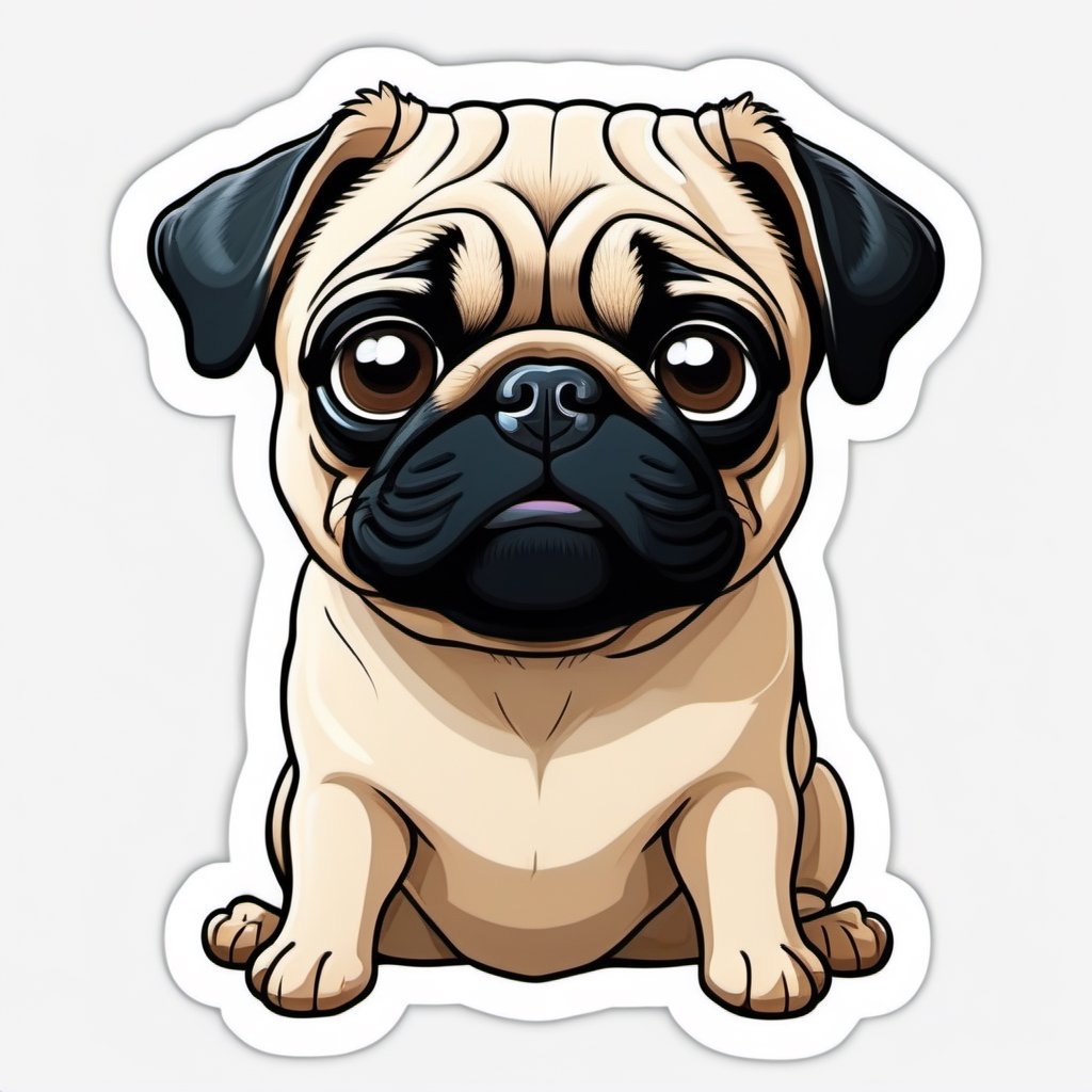 sticker, cartoon cute Pug, white background, Vermeer style, 12K, high quality, HD, octane render, cinematic lighting