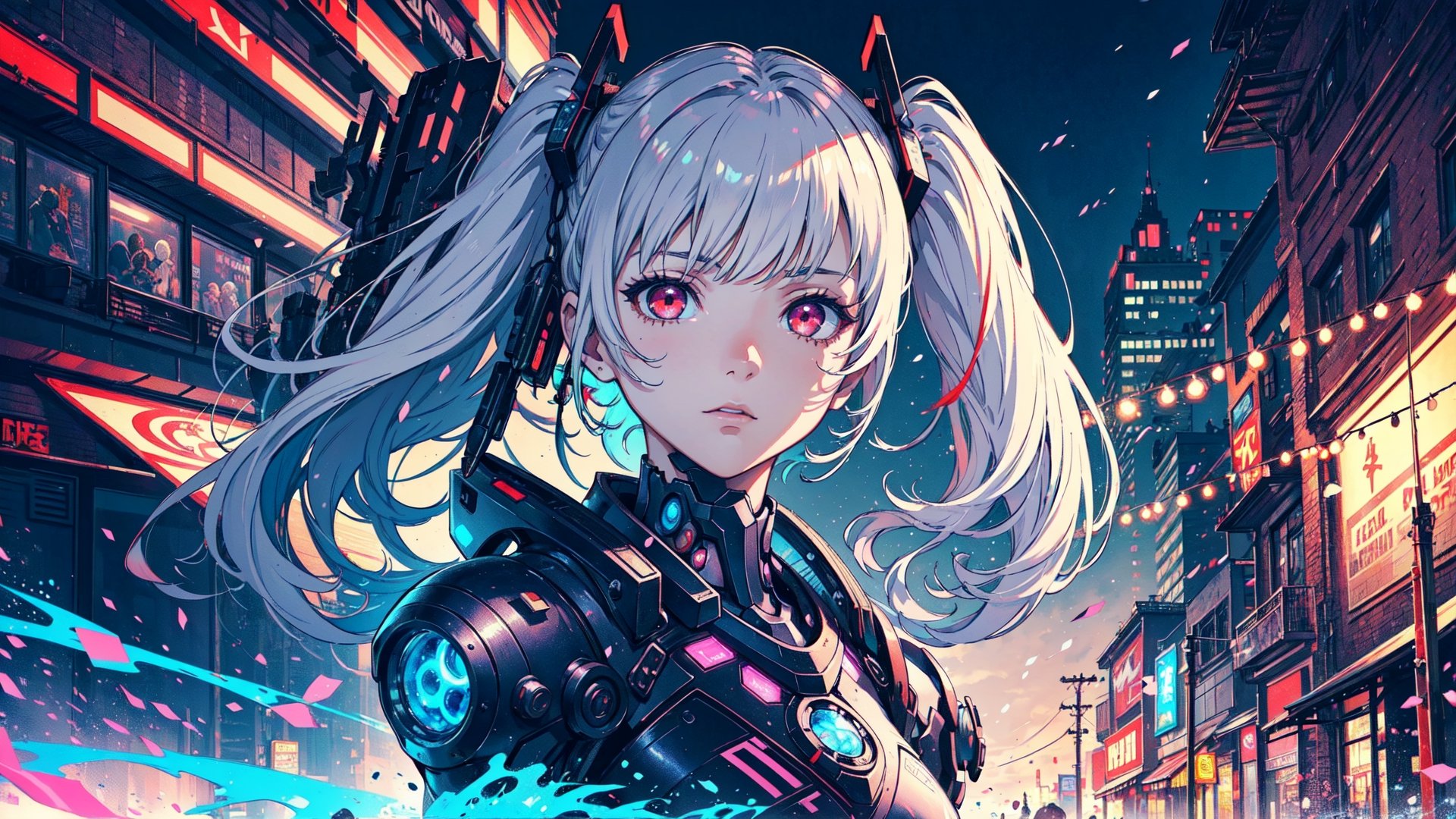 masterpiece, best quality, illustration, 1girl, beautiful detailed eyes,colorful background,mechanical prosthesis,mecha coverage,emerging dark purple across with white hair,pig tails,disheveled hair,fluorescent purple,cool movement,rose red eyes,beatiful detailed cyberpunk city,multicolored hair,beautiful detailed glow,1 girl, expressionless,cold expression,insanity, long bangs,long hair, lace,dynamic composition, motion, ultra - detailed, incredibly detailed, a lot of details, amazing fine details and brush strokes, smooth, hd semirealistic anime cg concept art digital painting,Realism,Portrait,