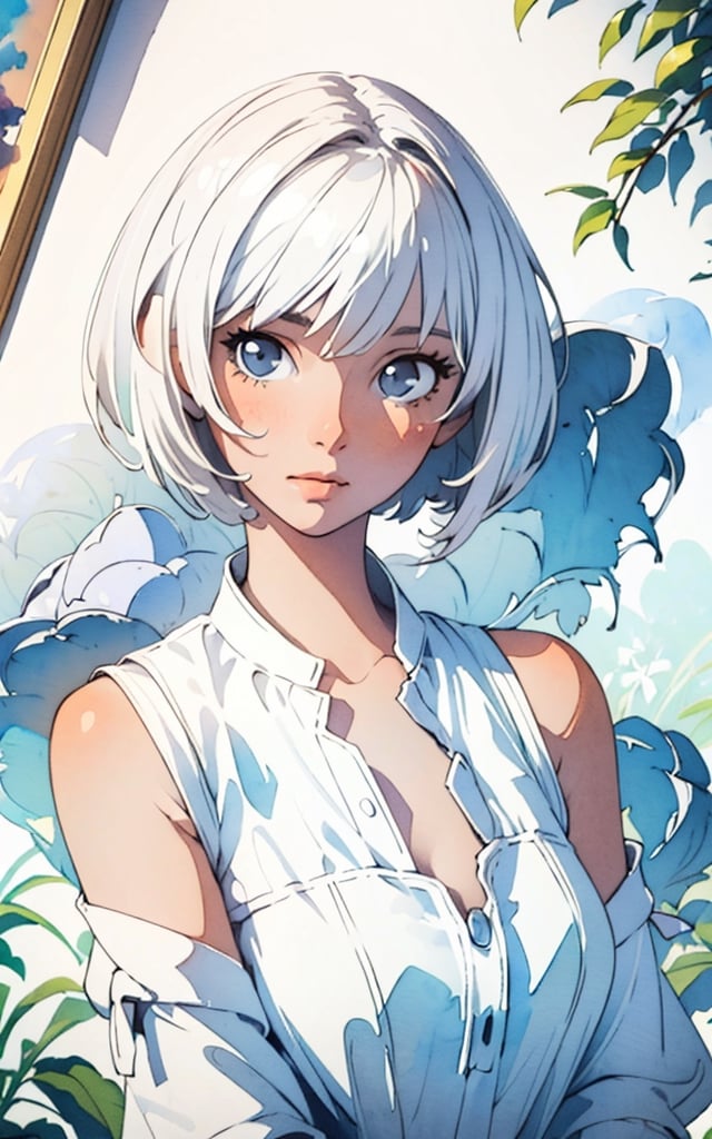 (watercolor_medium), ((((masterpiece)))), (((best quality))), a young girl, solo, hyper detail face, cute, bare shoulder, sexy clothes, average_breasts, (((white color short hair))), black dog, cityscape