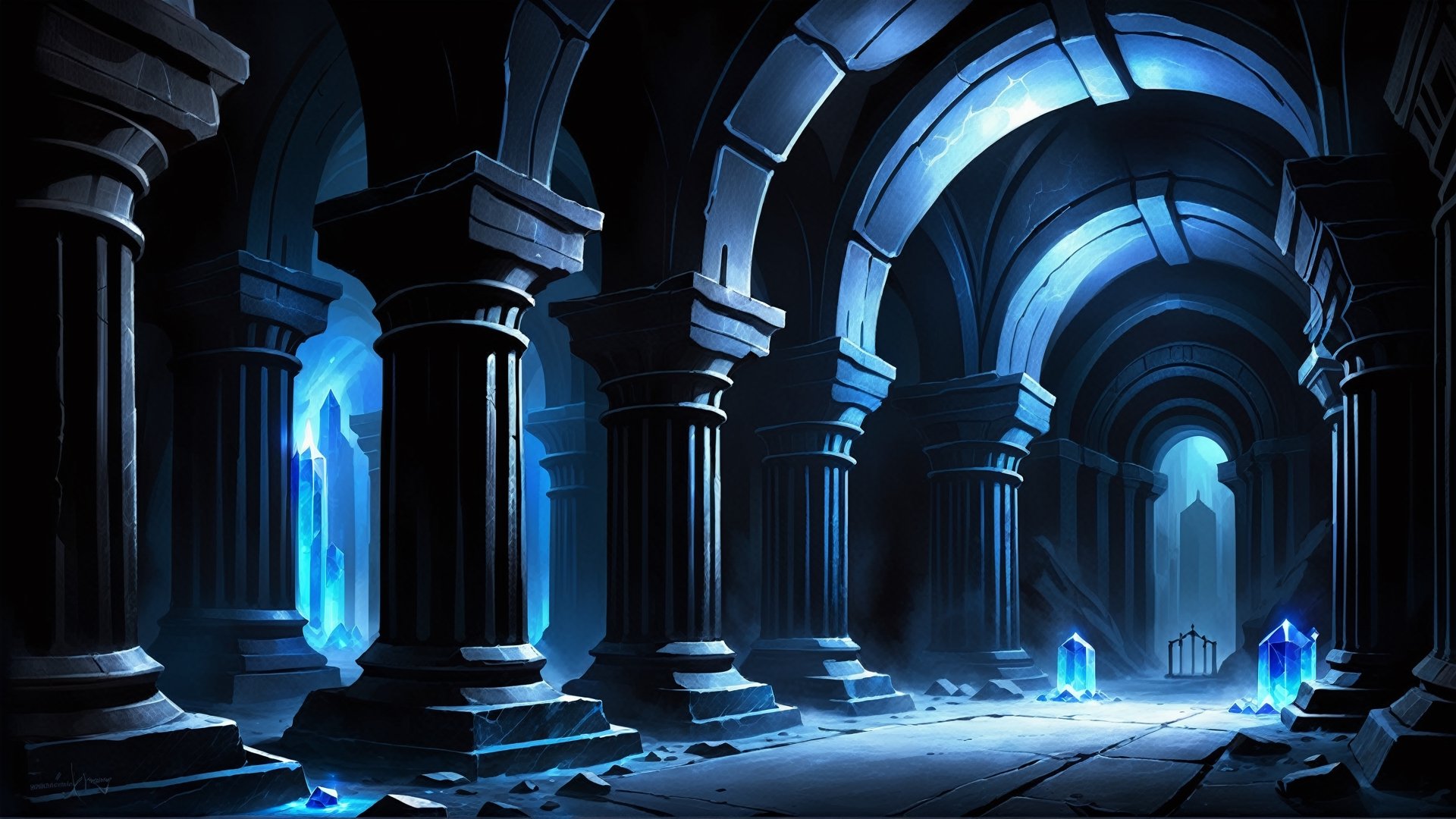 Dark underground crypt lit with blue torches, black obsidian walls, (black crystal obsidian:2), fantasy, digital_painting, shadows, dust, cobwebs, columns