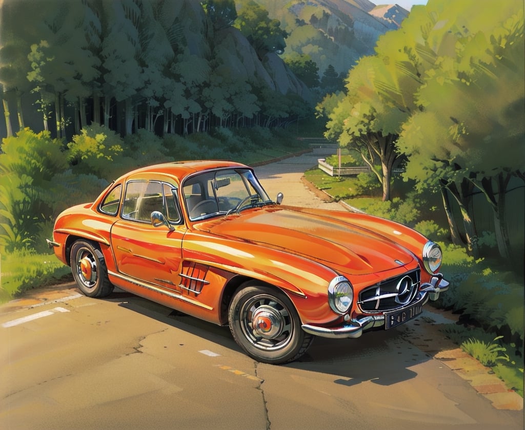 Red Mercedes-Benz 300 SL, Driving High Speed around a Turn on Trecherous Mountain Road, Low-angle view