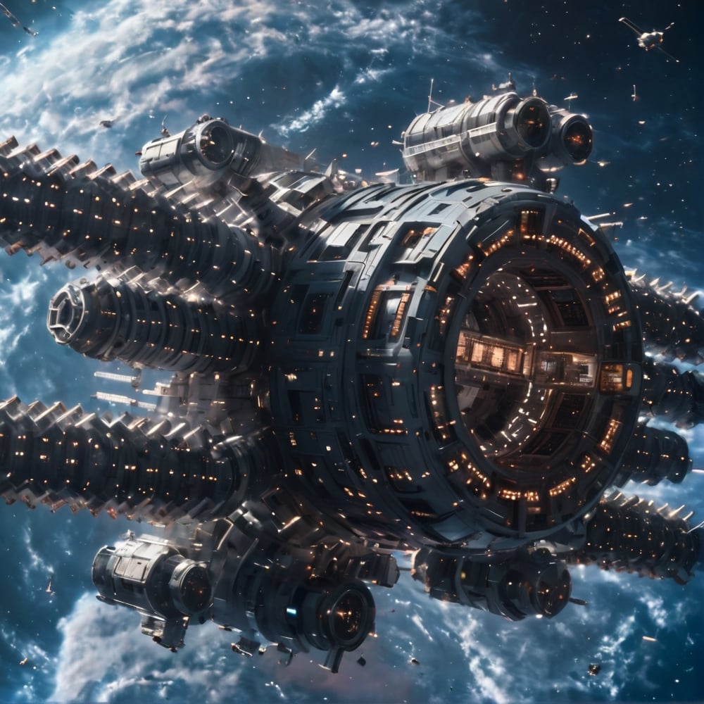 massive space station composed of many connected modules, outer space, high_resolution, 8k, Science fiction, cyberpunk, galaxy, space background,