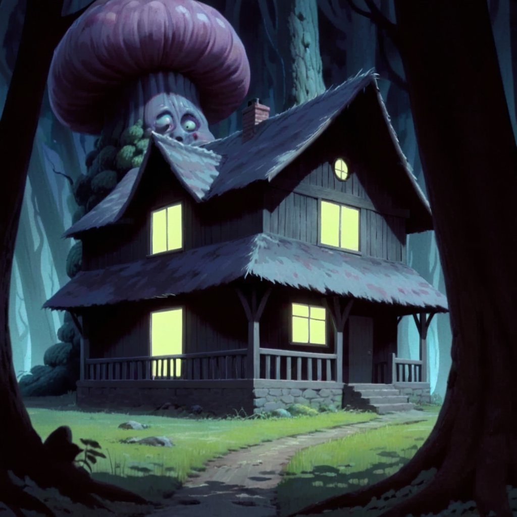 Cottage in woods, dense forest, (dark:2), flat_color, qzhorror theme, terrifyingperspective, JunjiIto_qz, huge and terrifying, monochome