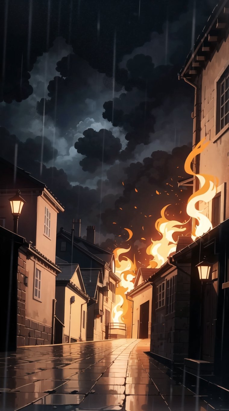 Metiorites raining down from Magic circle in sky above burning Medieval fantasy city at night, ((Dark, Black, Red, Orange)), flames, smoke, cloudy_sky, storm clouds, nighttime, midnight, digital_artwork, digital_painting, extreme low-angle_shot, cobblestone road, 