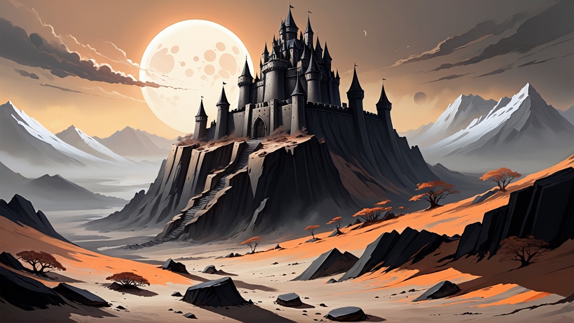 black obsidian Castle on top of hill, dry earth, dead plants, grey earth, ash, (grey:1.5), (brown:1.5), barren, fantasy, digital_painting, bright sunrise, shadows, 