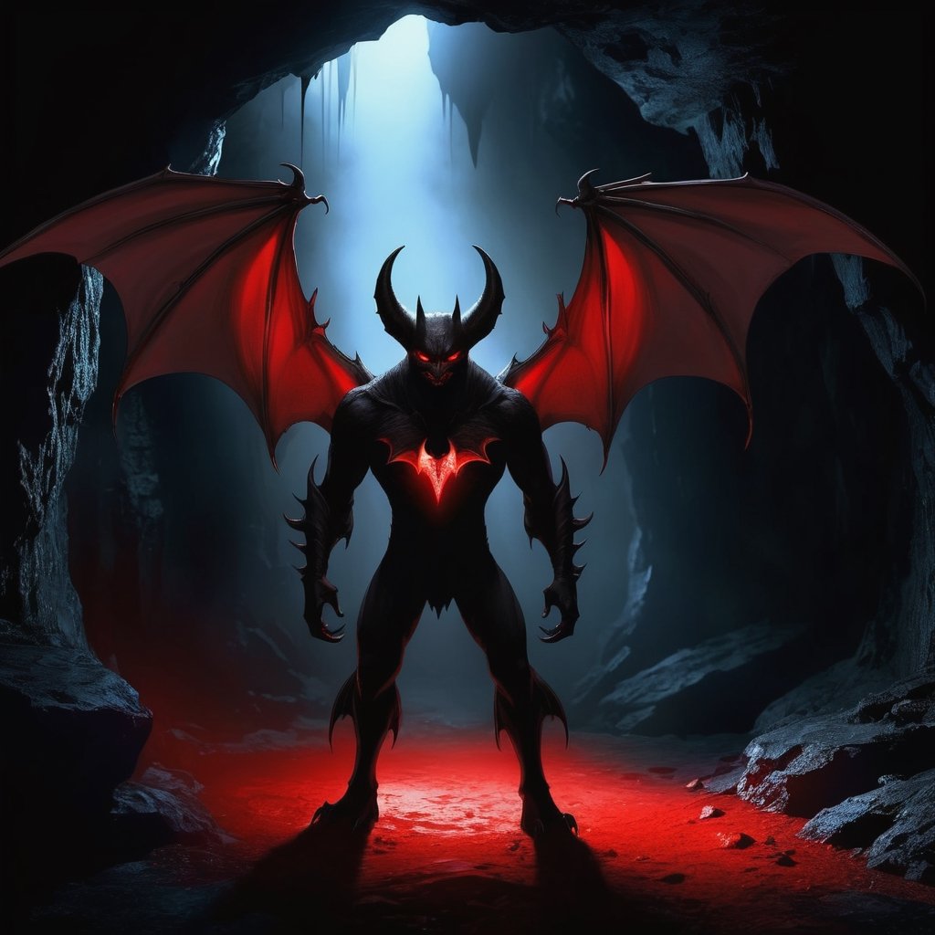 Evil Demon Standing in dark cave, bat_wings, horns, ((red_eyes, glowing_eyes)), ((dark)), shadows
