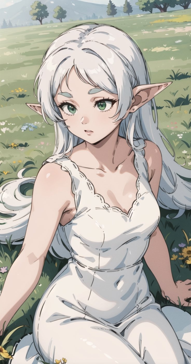 aafrie, long hair, white hair, pointy ears, thick eyebrows, collarbone, bare shoulders, white dress, sleeveless dress, green grass field, 