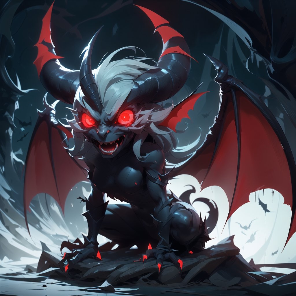 Evil Demon Standing in dark cave, bat_wings, horns, ((red_eyes, glowing_eyes)), ((dark)), shadows,