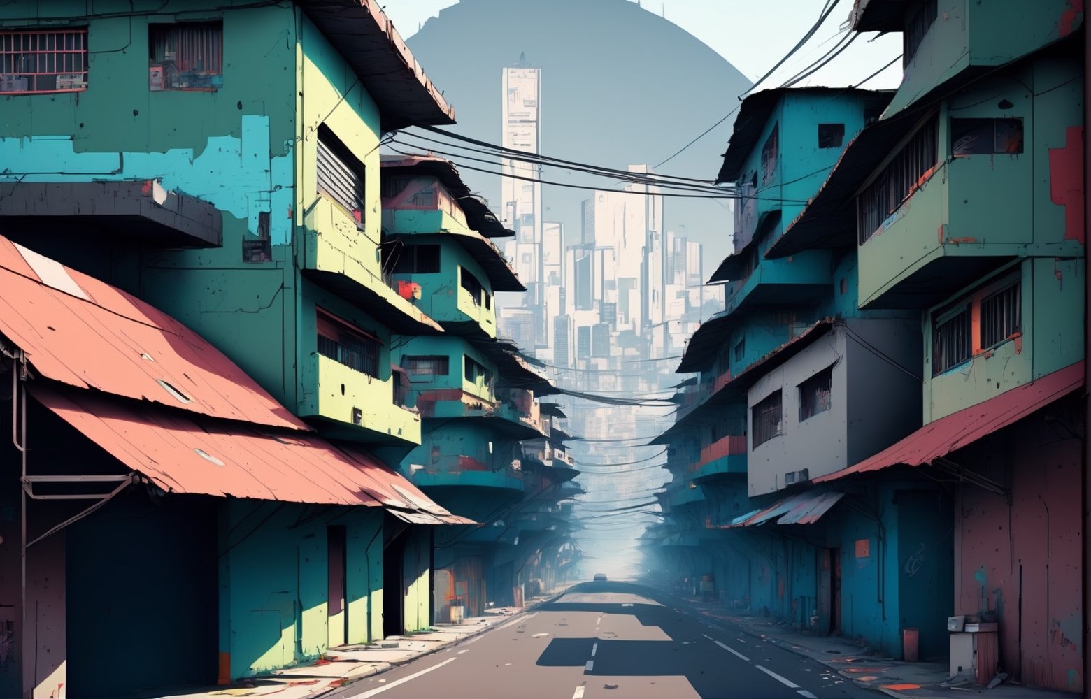 Highway running through Cyberpunk Favela, science_fiction, Daytime, drawn comicbook style