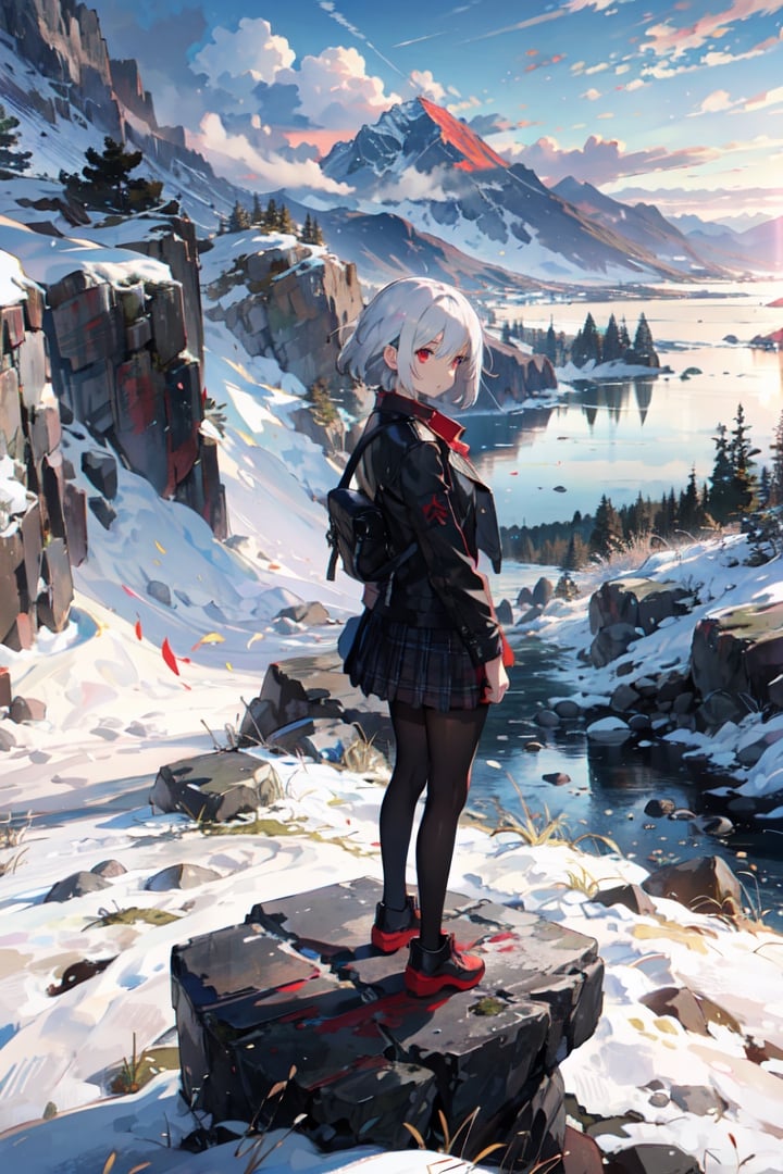 sole_female, white_hair, short_hair, red_eyes, black leather jacket, tartan_skirt, Standing on cliff edge, mountains, windy, full_body,