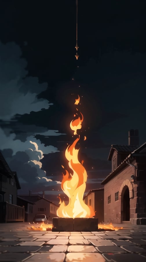 Burning circle in sky above Medieval city at night, fantasy, magic, fire, flames, smoke, ((Dark, Black, Red, Orange)), cloudy_sky, storm clouds, nighttime, midnight, digital_artwork, digital_painting, extreme low-angle_shot, cobblestone road, 