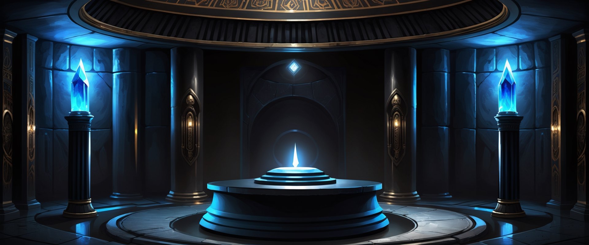 Dark underground crypt lit with blue torches, large circular room, three stone sarcophagus at centre of room, black obsidian walls, (black crystal obsidian:2), fantasy, digital_painting, shadows, dome ceiling, symmetrical