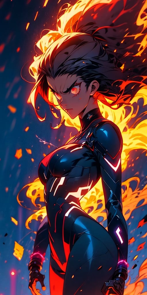 masterpiece, best quality, ultra high res, beautiful, visually stunning, elegant, incredible details, award-winning painting, (dark art:1.1), deep shadow, (dark theme:1.2), r1ge, sole_female, red_eyes, black_hair, long_hair, curvy_figure, skinsuit, angry, glowing, aura, flying debris, flying fragments, floating hair, windy, detailed eyes, telekinesis, torso, 