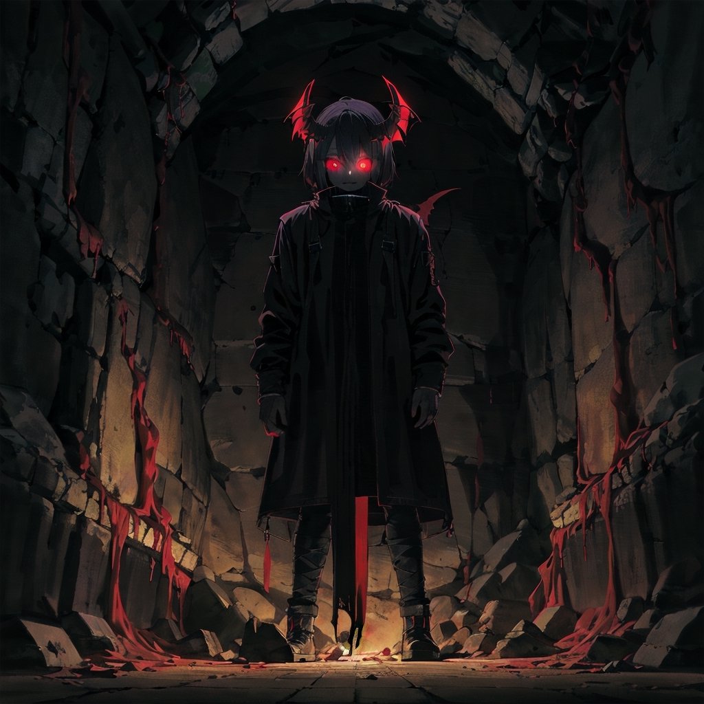 Evil Demon Standing in dark cave, bat_wings, horns, ((red_eyes, glowing_eyes)), ((dark)), shadows,