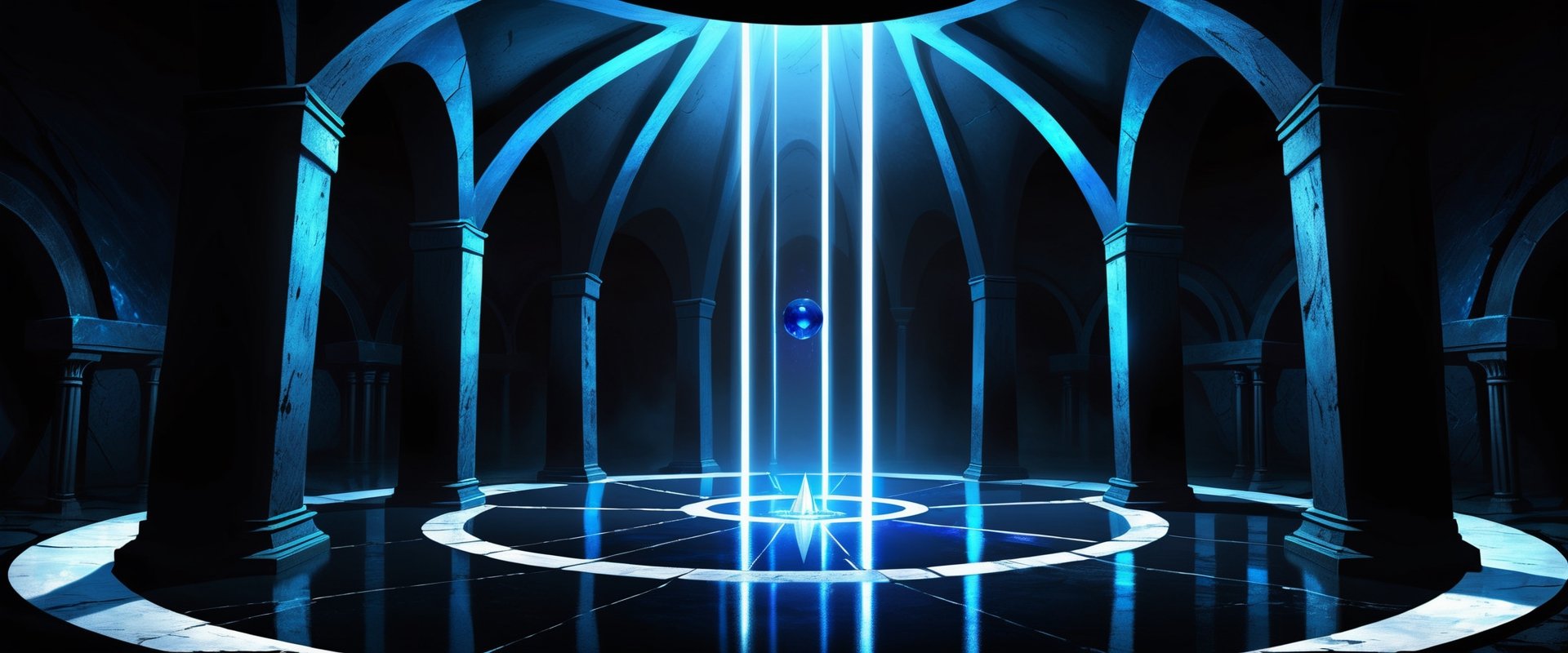 Dark underground crypt lit with blue torches, massive empty circular room, empty floor, black obsidian walls, (black crystal obsidian:2), fantasy, digital_painting, shadows, dome ceiling, symmetrical, 