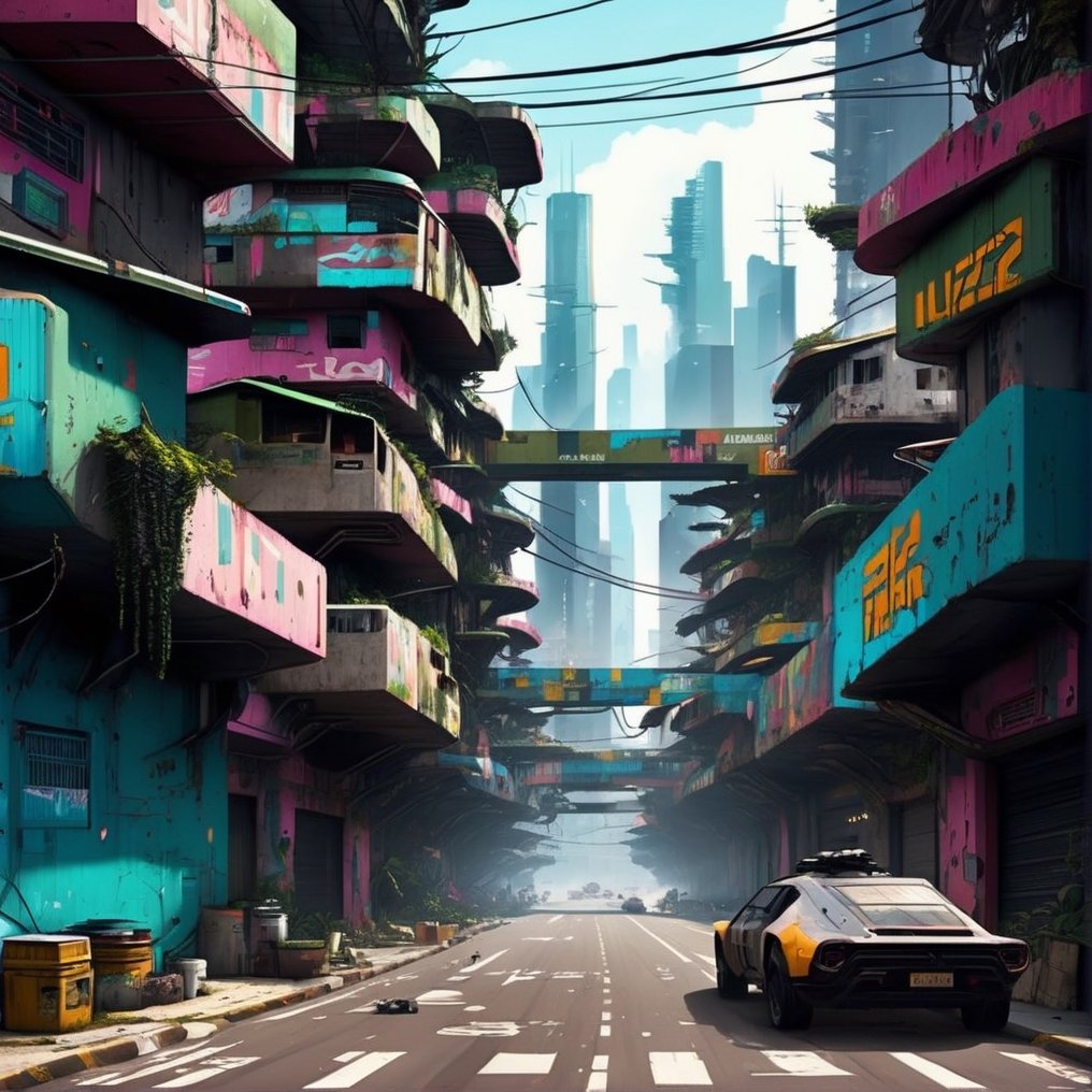 Highway running through Cyberpunk Favela, science_fiction, Daytime, comicbook style