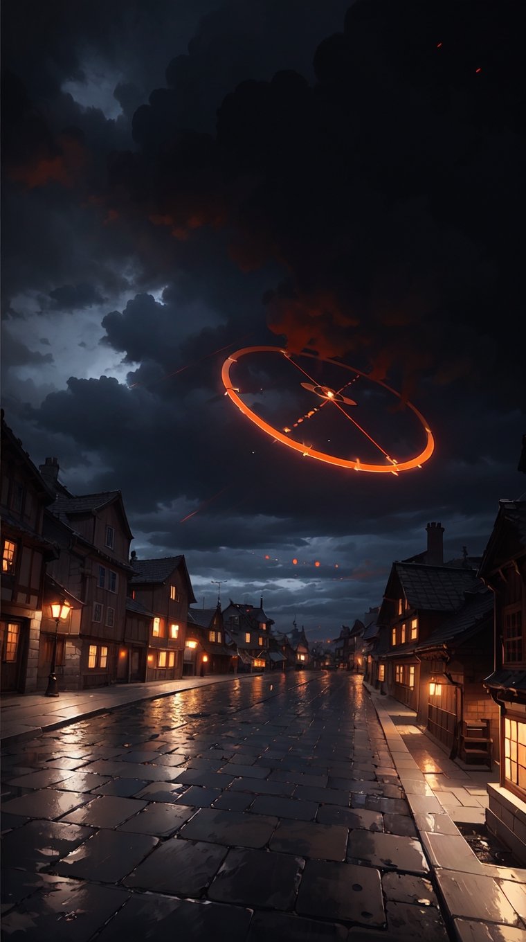 (Burning circle in sky above Medieval city at night, fantasy), magic, ((Dark, Black, Red, Orange)), cloudy_sky, storm clouds, nighttime, midnight, digital_artwork, digital_painting, (extreme low-angle_shot, cobblestone road), 