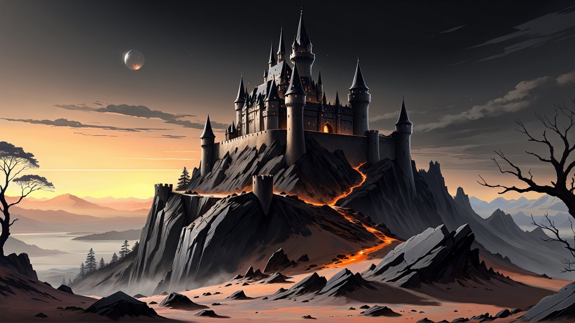 black obsidian 14th century castle on top of hill, (black crystal obsidian:2), dry earth, dead plants, grey earth, ash, (grey:1.5), (brown:1.5), barren, fantasy, digital_painting, bright sunrise, shadows, 