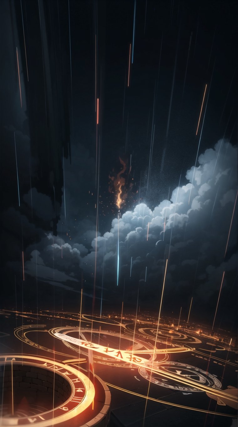 Metiorites raining down from Magic circle in sky above burning Medieval fantasy city at night, ((Dark, Black, Red, Orange)), flames, smoke, cloudy_sky, storm clouds, nighttime, midnight, digital_artwork, digital_painting, extreme low-angle_shot, cobblestone road, 