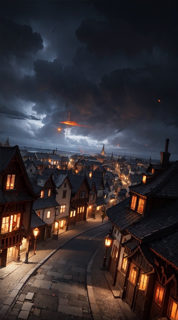 Burning circle in sky above Medieval city at night, fantasy, magic, ((Dark, Black, Red, Orange)), cloudy_sky, storm clouds, nighttime, midnight, digital_artwork, digital_painting, (extreme low-angle_shot, cobblestone road), 