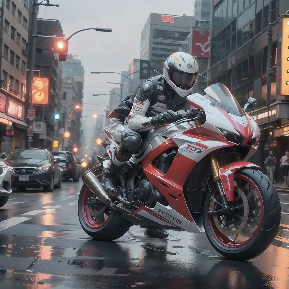 ftsbk, red motorcycle racing through city streets, white helmet, white_bodysuit, science_fiction, cyberpunk, midnight, street lights, neon signs, cinematic, high speed