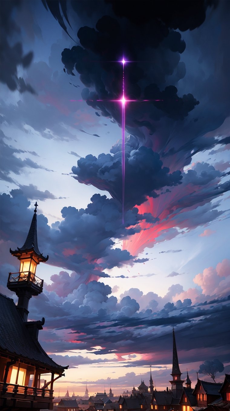 Medieval fantasy city under dark magic portal in sky, ((Dark, Black, Red)), cloudy_sky, storm clouds, nighttime, digital_artwork, digital_painting, 