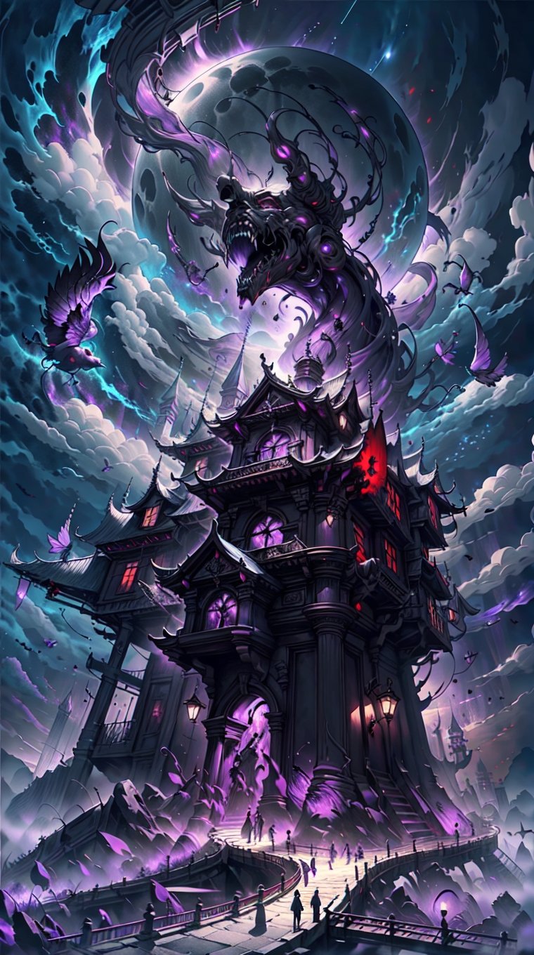Medieval fantasy city, dark portal in sky, ((Black, Red, Purple)), cloudy_sky, nighttime, aerial_view, digital_artwork, fantasy00d, watercolor pencil (medium), fascinating, tom robinson, new weird fantasy, caustics,