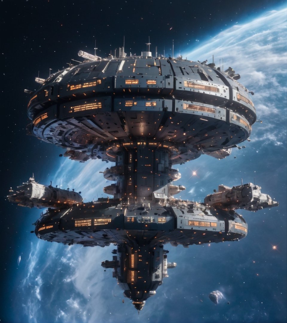 massive space station composed of many connected modules, outer space, stars, asteroid belt, high_resolution, 8k, Science fiction, cyberpunk, galaxy, space background,