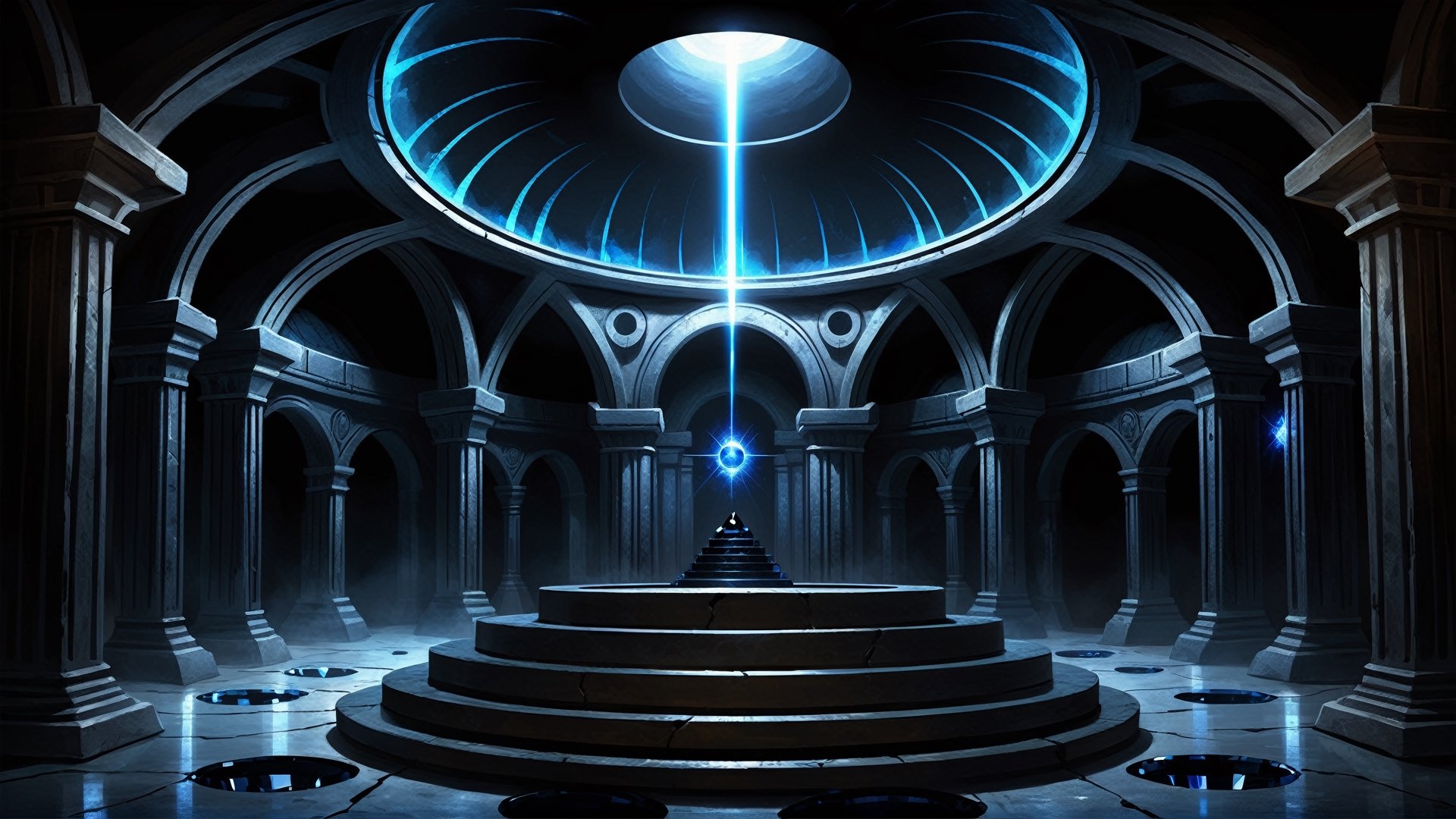 Dark underground crypt lit with blue torches, large circular room, black obsidian walls, (black crystal obsidian:2), fantasy, digital_painting, shadows, dust, cobwebs, dome ceiling, symmetrical