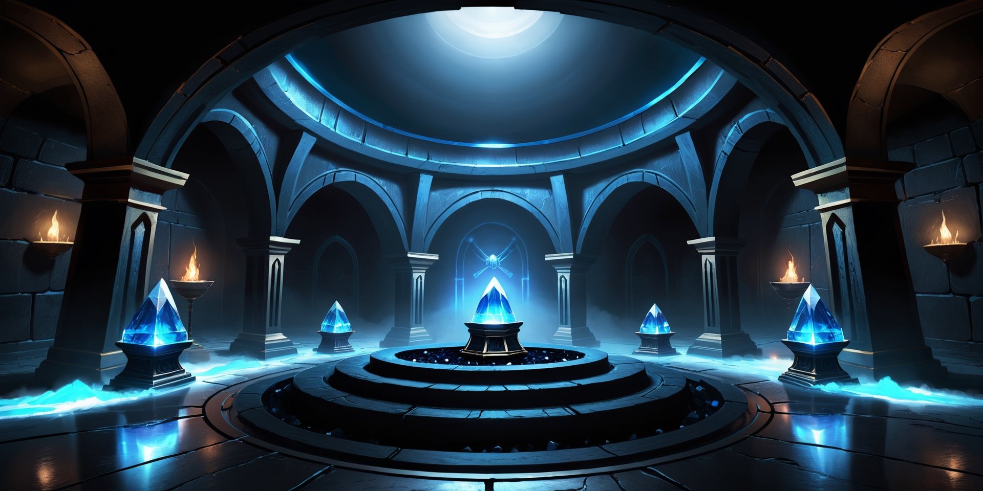 Dark underground crypt lit with blue torches, large circular room, three stone coffins at centre of room, black obsidian walls, (black crystal obsidian:2), fantasy, digital_painting, shadows, dust, cobwebs, dome ceiling, symmetrical