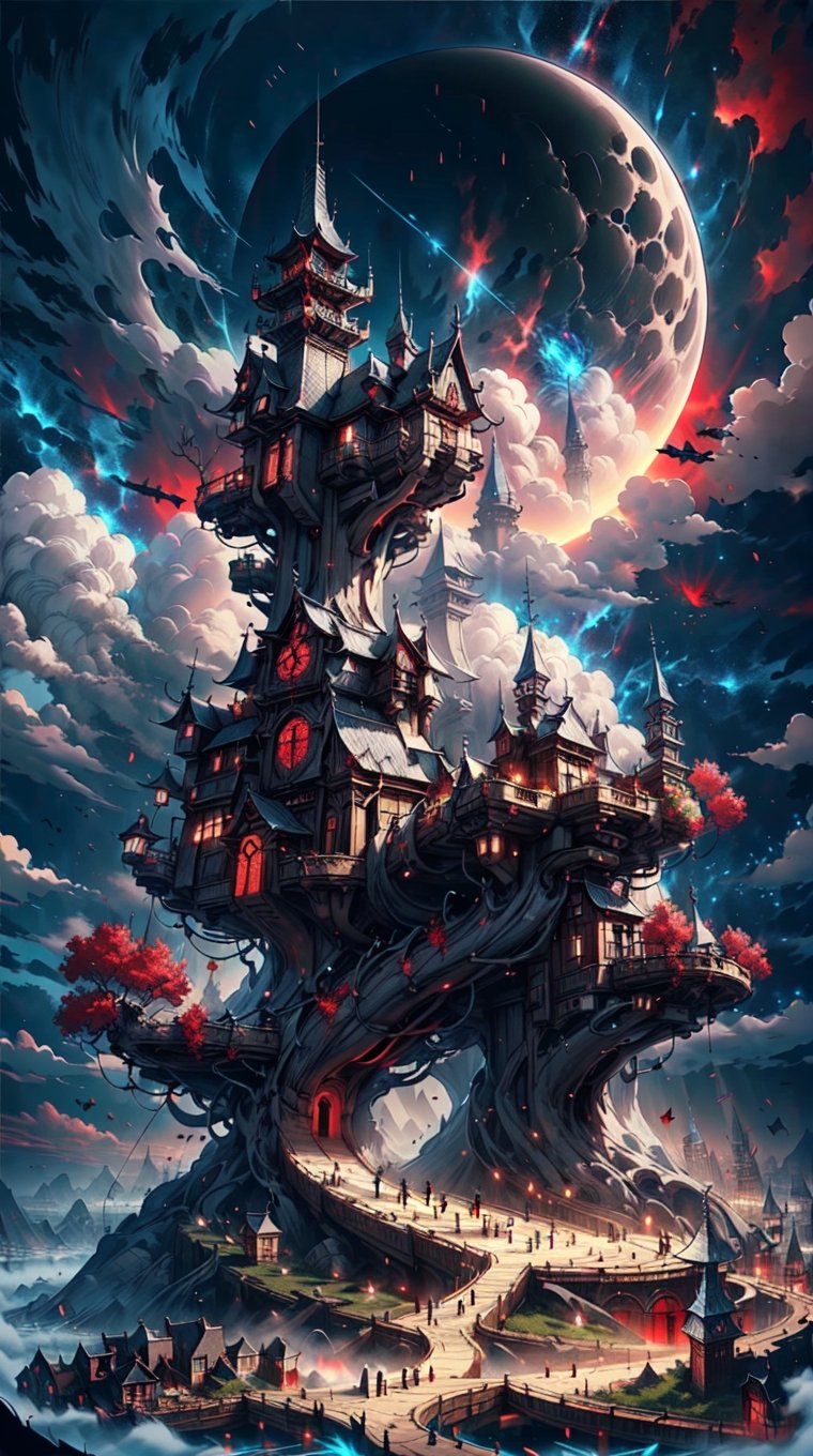 Medieval fantasy city, dark magic portal in sky, ((Black, Red)), cloudy_sky, nighttime, aerial_view, digital_artwork, fantasy00d, fascinating, tom robinson, new weird fantasy,