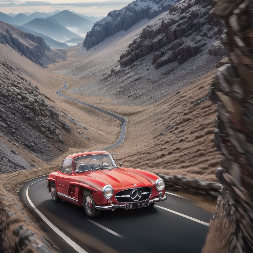 Dark_Red Mercedes-Benz 300 SL, Driving High Speed around a Turn on Trecherous Mountain Road, speed_lines, low-angle_shot,