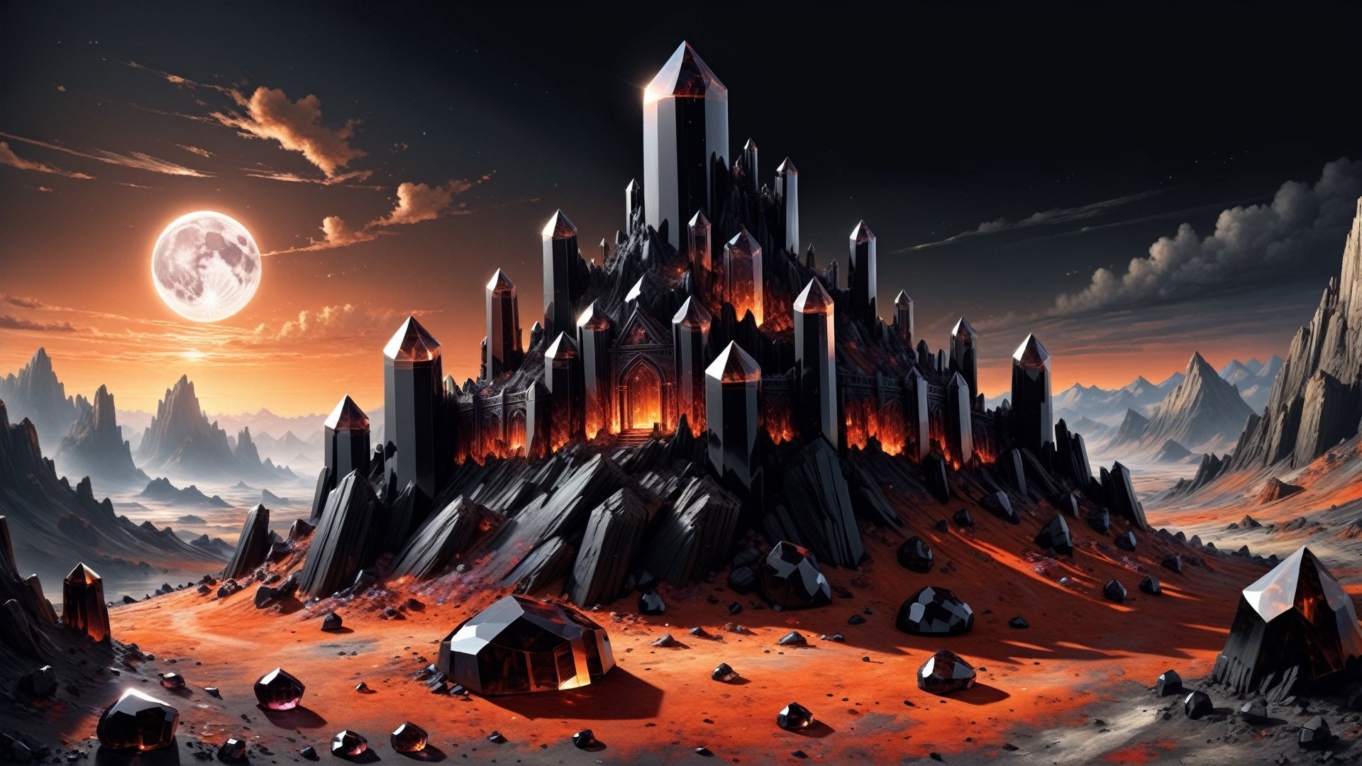 black obsidian Castle on top of hill, (black crystal obsidian:2), dry earth, dead plants, grey earth, ash, (grey:1.5), (brown:1.5), barren, fantasy, digital_painting, bright sunrise, shadows, ,crystalz