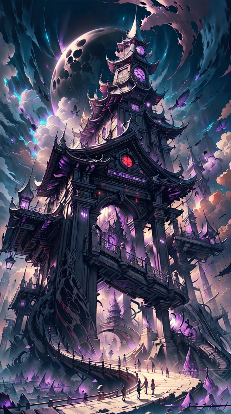 Medieval fantasy city, dark portal in sky, ((Black, Red, Purple)), cloudy_sky, nighttime, aerial_view, digital_artwork, fantasy00d, watercolor pencil (medium), fascinating, tom robinson, new weird fantasy, caustics,