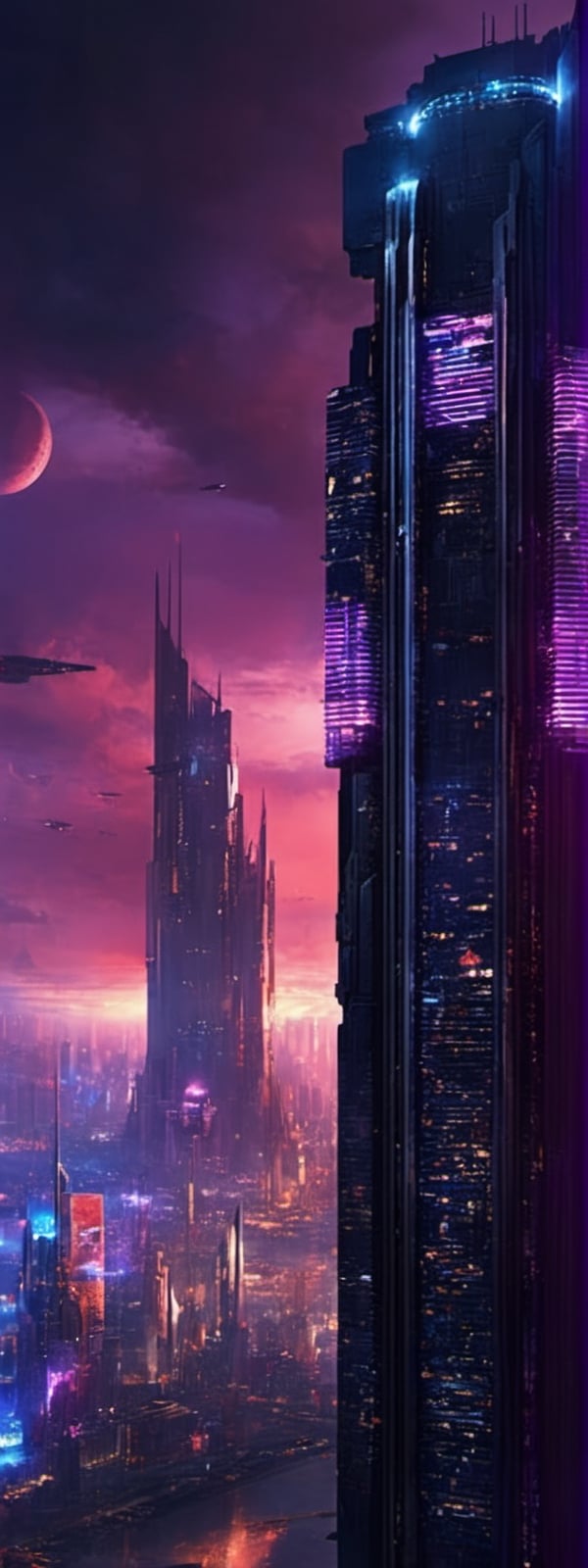 Dark Skyscraper towering above SciFi cityscape, Cyberpunk, (midnight:1.4), realistic, cinematic lighting, night city