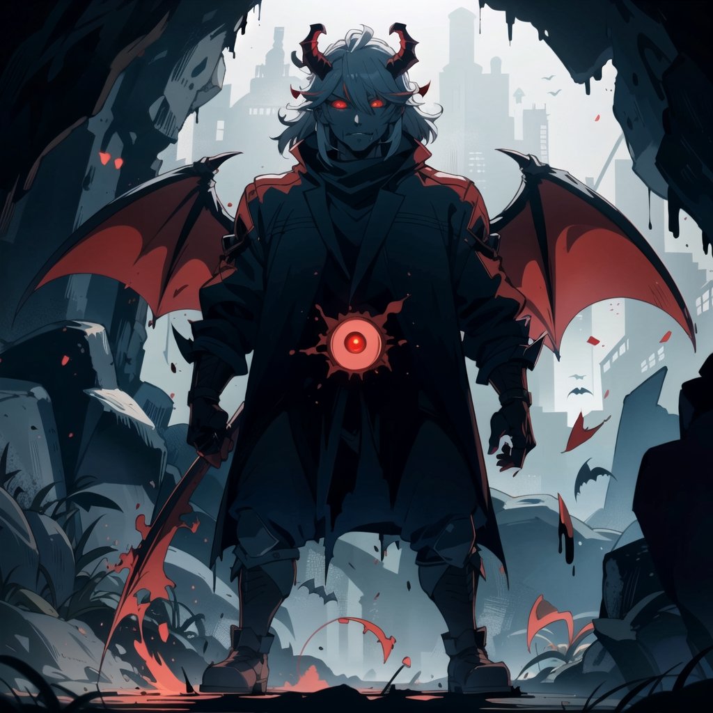 Evil Demon Standing in dark cave, bat_wings, horns, ((red_eyes, glowing_eyes)), ((dark)), shadows,