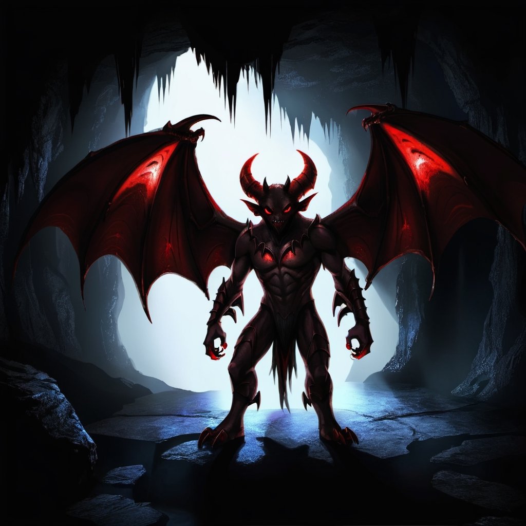 Evil Demon Standing in dark cave, bat_wings, horns, ((red_eyes, glowing_eyes)), ((dark)), shadows