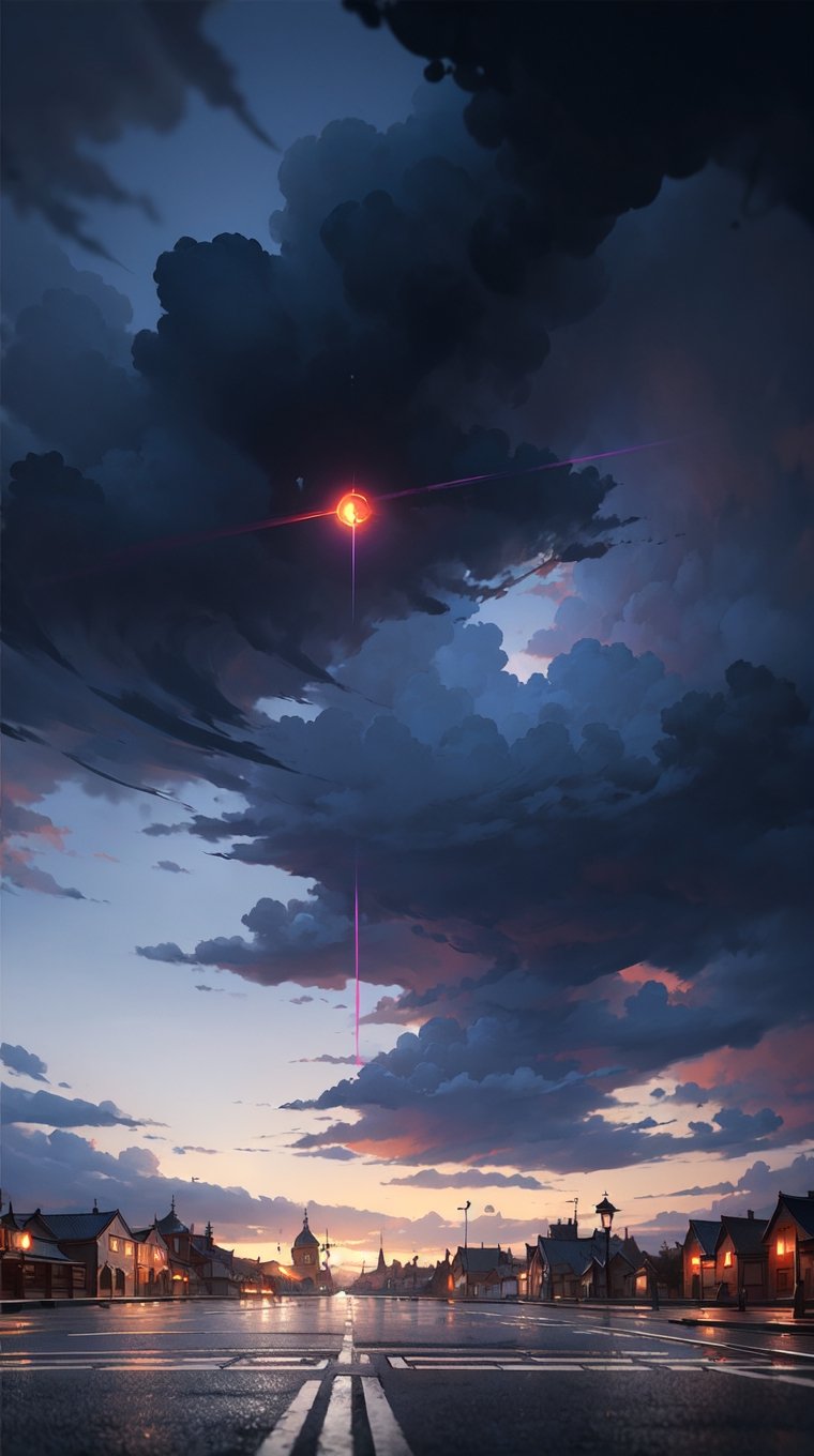 Medieval fantasy city, magic portal in sky, magic_circle, ((Dark, Black, Red)), cloudy_sky, storm clouds, nighttime, digital_artwork, digital_painting, low-angle_shot, paved road