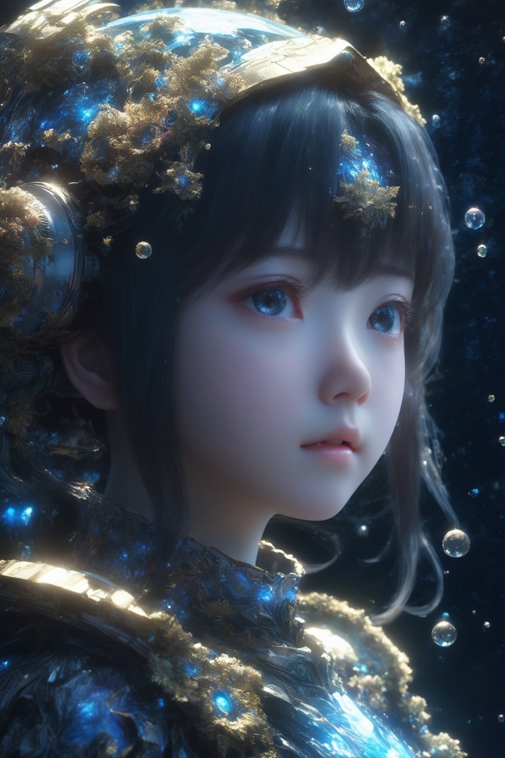 masterpiece, extremely best quality,  official art,  cg 8k wallpaper,  (Fantasy Style:1.1), (face focus,  cute,  masterpiece,  best quality,  1girl,  black background,  solo,  standing,  pixiv:1), 3d,  looking up,  light particle,  highly detailed,  best lighting,  pixiv,  depth of field,  (beautiful face),  fine water surface,  incredibly detailed,  (an extremely  beautiful),  (best quality),yua_mikami,Sci-fi ,pturbo