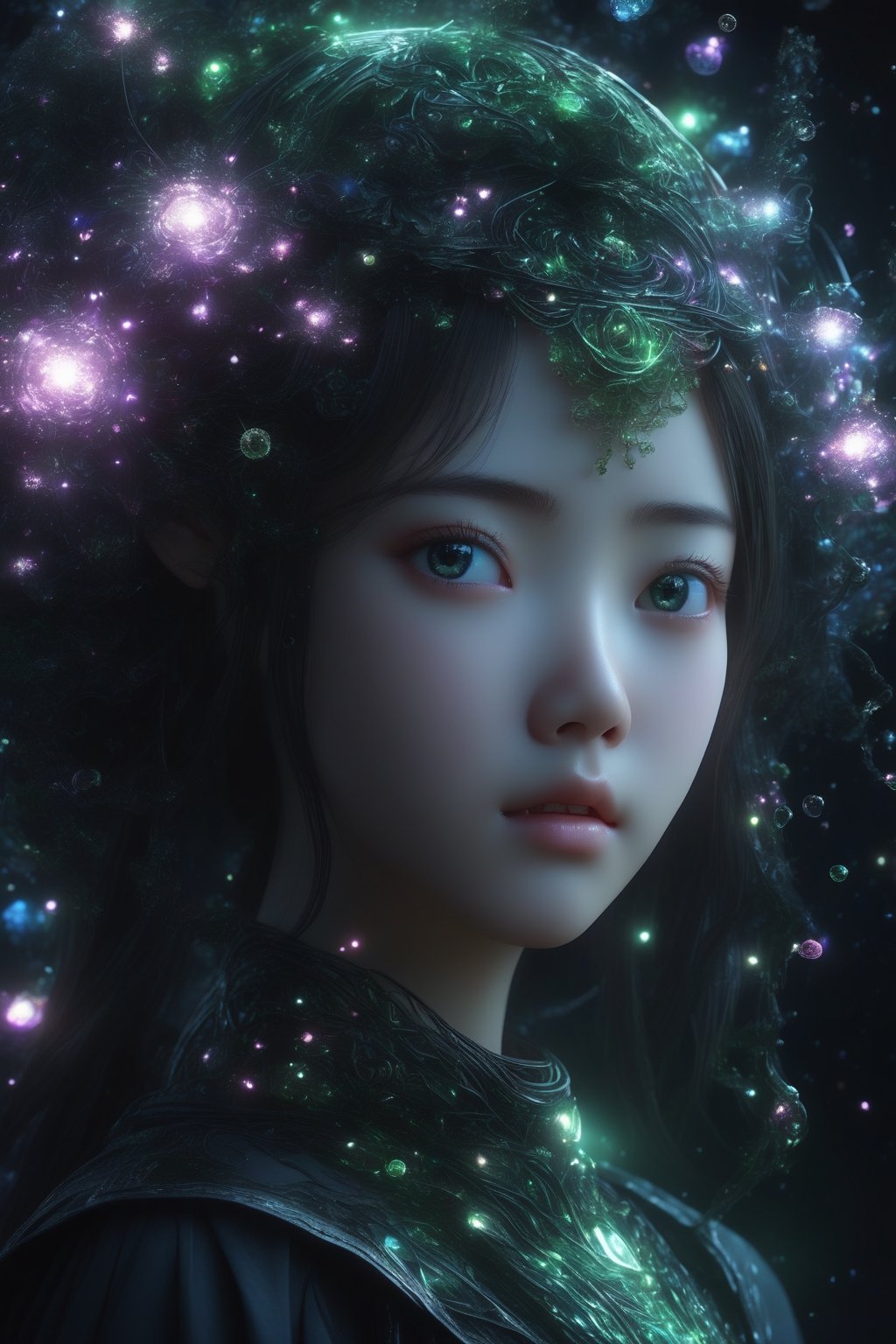 masterpiece, extremely best quality,  official art,  cg 8k wallpaper,  (Fantasy Style:1.1), (face focus,  cute,  masterpiece,  best quality,  1girl,  black background,  solo,  standing,  pixiv:1), 3d,  looking up,  light particle,  highly detailed,  best lighting,  pixiv,  depth of field,  (beautiful face),  fine water surface,  incredibly detailed,  (an extremely  beautiful),  (best quality),yua_mikami,Sci-fi ,pturbo,DonMD34thM4g1cXL