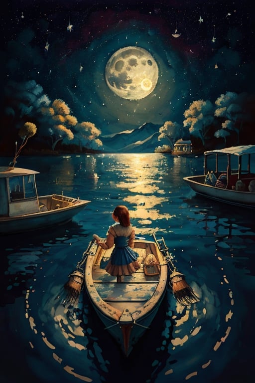 a painting of woman on a boat in the lake and a full moon in the sky above ,ultra detailed brush stroke xjrex,fantasy00d,horror,DonMF41ryW1ng5,firefliesfireflies,salttech